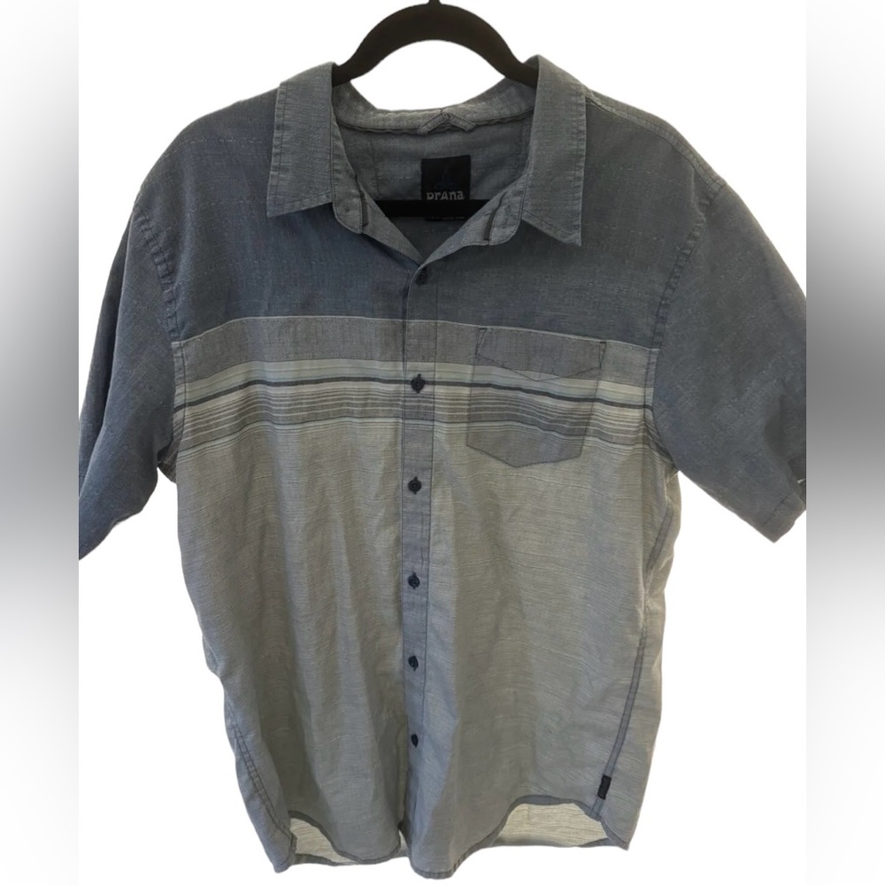 Prana Mens Shirt Short Sleeve Button Up Camp Shirt Stripes Collared Size XLarge